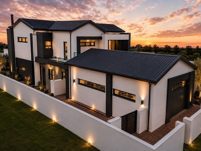 Aerial view of a modern two-story residence featuring a sleek metal roof, perimeter wall, and integrated garage at sunset.