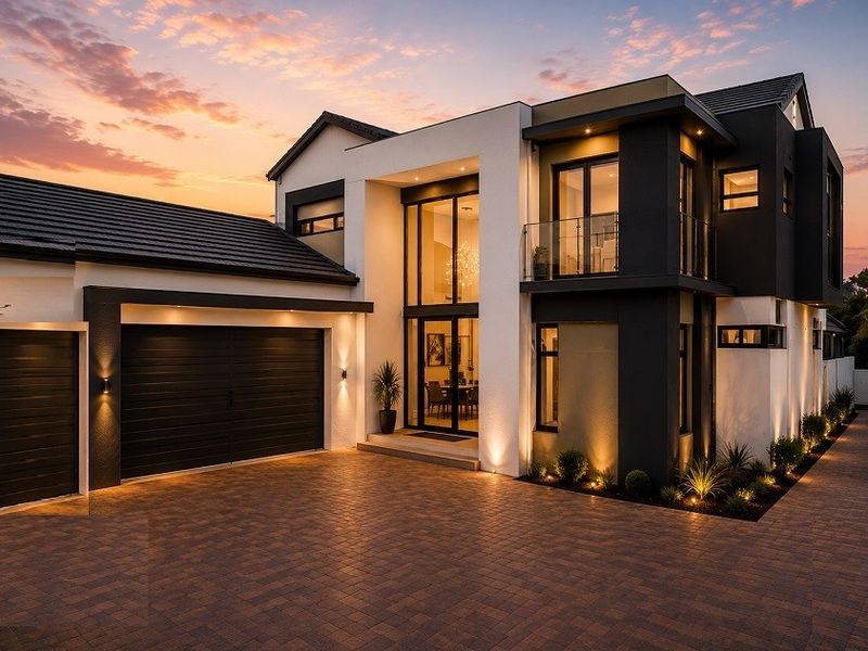 Modern double-story residence featuring a paved driveway, double garage, and striking architectural facade with integrated exterior lighting at dusk.