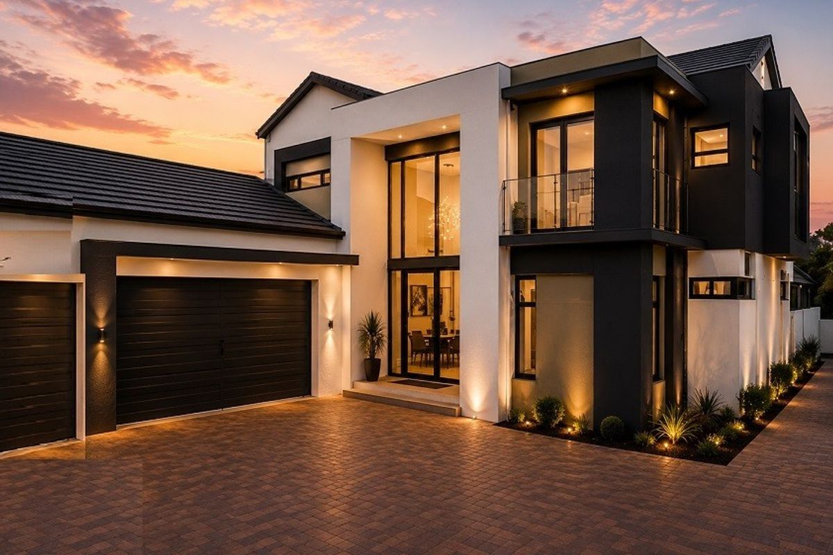 Modern double-story residence featuring a paved driveway, double garage, and striking architectural facade with integrated exterior lighting at dusk.