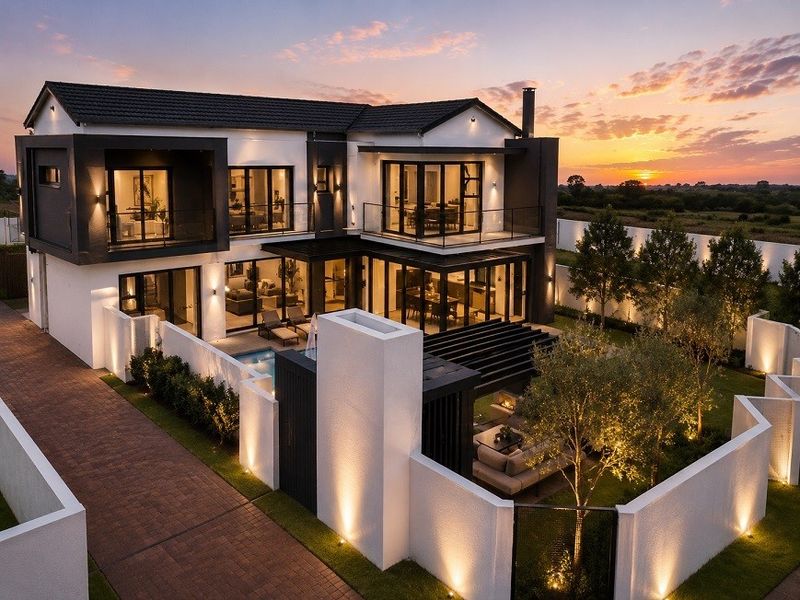 Stunning modern double-story residence featuring a swimming pool, expansive balconies, paved driveway, and beautifully landscaped garden at sunset.