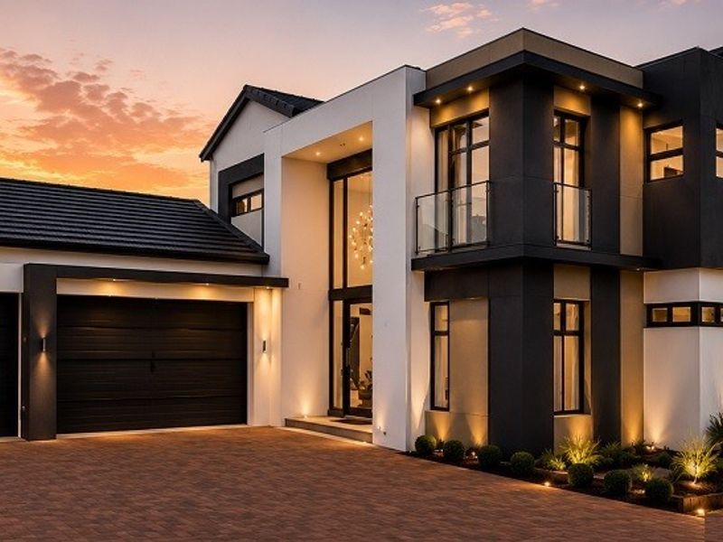 A modern double-story luxury home featuring a double garage, paved driveway, and contemporary architectural design with integrated exterior lighting.