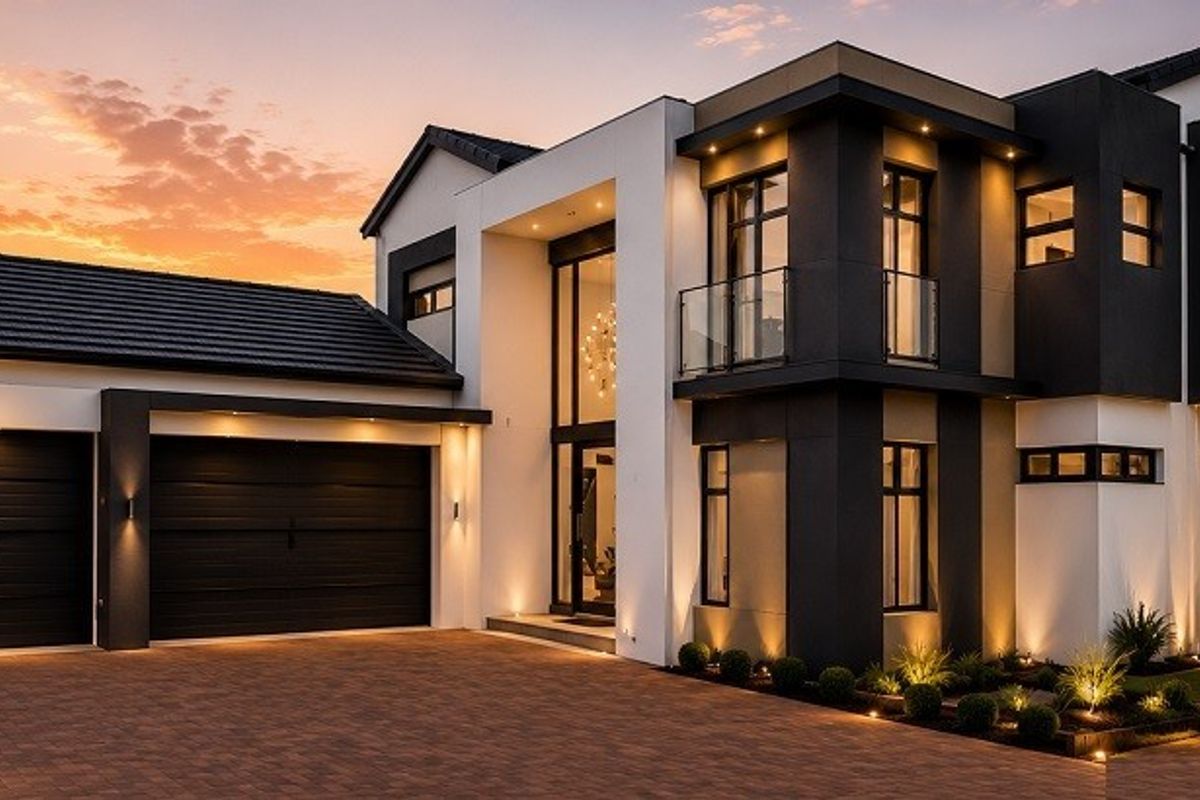 A modern double-story luxury home featuring a double garage, paved driveway, and contemporary architectural design with integrated exterior lighting.