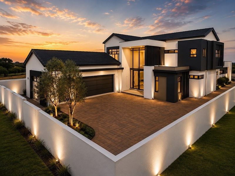 A modern, architecturally designed double-story home featuring a paved driveway, integrated double garage, and perimeter wall with ambient exterior lighting at sunset.