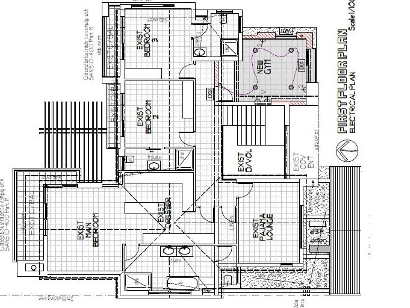 An architectural first floor electrical plan showing the layout of bedrooms, a pajama lounge, and a new gym area.