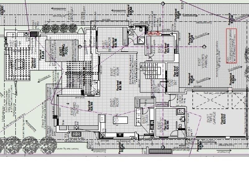 Architectural floor plan showing the layout of the house, including the kitchen, living areas, bedrooms, triple garage, and outdoor pool area.