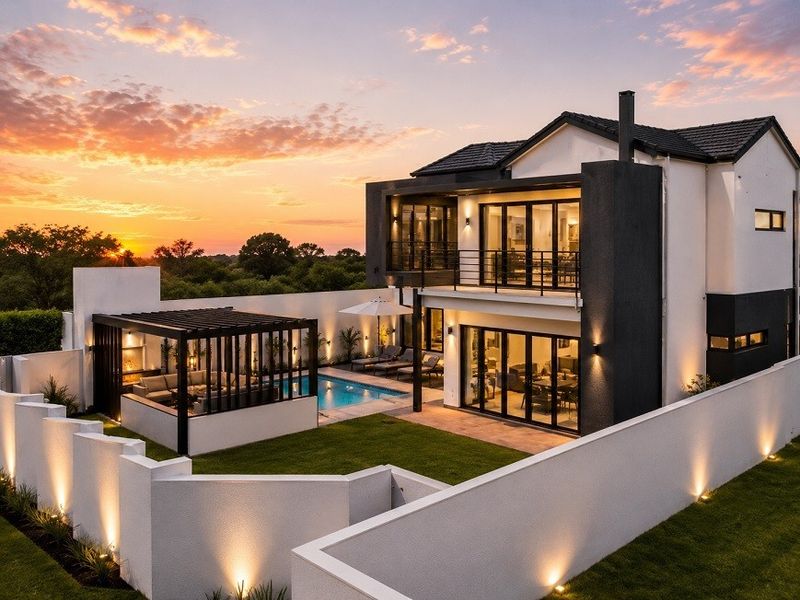 Stunning rear exterior view of a modern two-story home featuring a swimming pool, covered pergola, balcony, and landscaped garden at sunset.