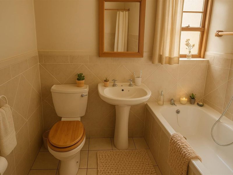 A well-maintained bathroom featuring a pedestal basin, toilet, and a bathtub with a handheld shower mixer, finished with neutral wall and floor tiling.
