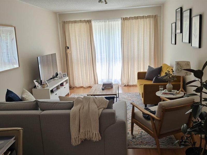 A comfortable living room featuring laminate flooring and large sliding glass doors that provide natural light and access to the outdoor area.