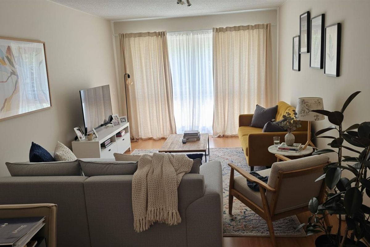 A comfortable living room featuring laminate flooring and large sliding glass doors that provide natural light and access to the outdoor area.