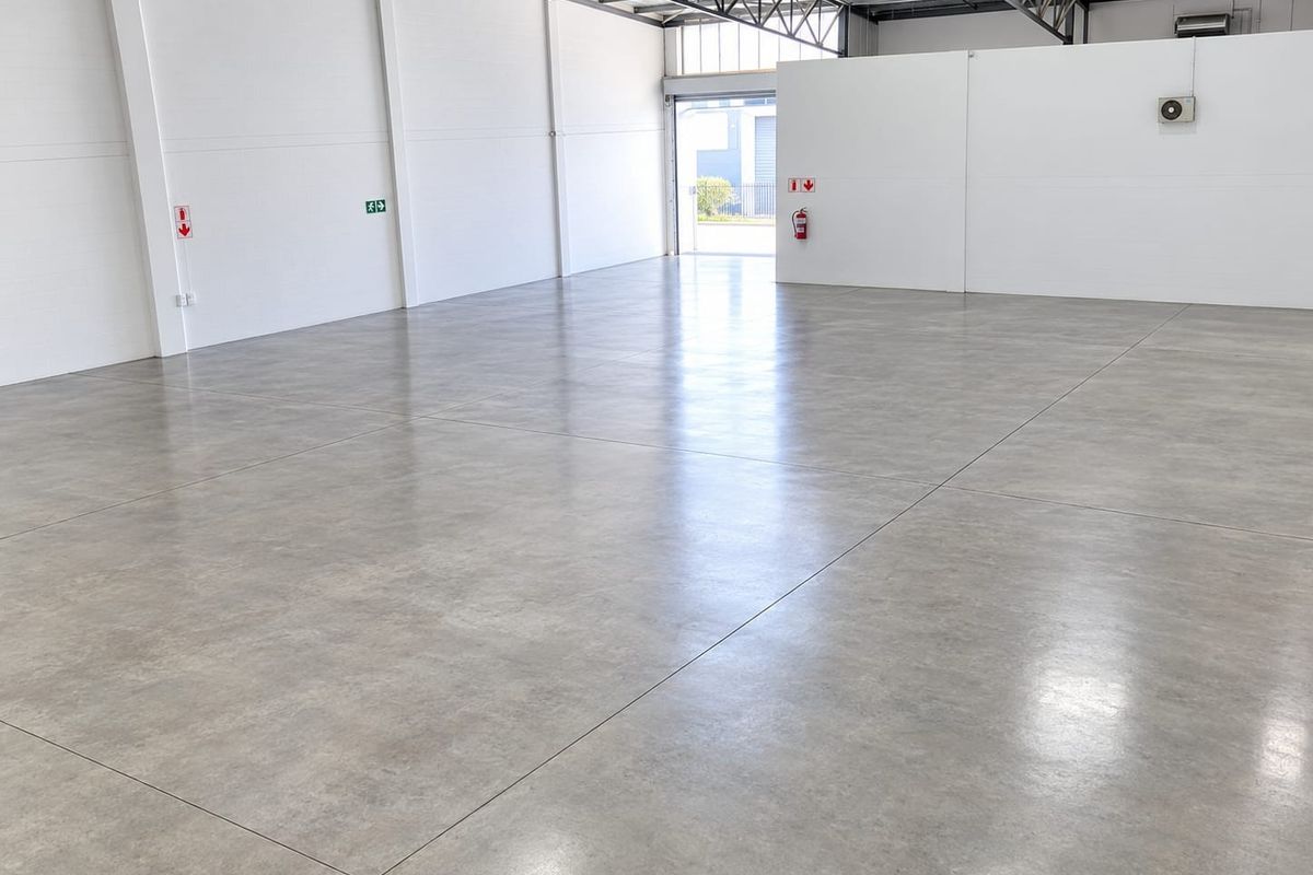 Spacious industrial warehouse unit featuring polished concrete flooring, exposed steel roof trusses, and a large roller door for easy access.
