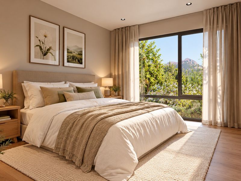 A well-appointed bedroom featuring timber flooring, recessed lighting, a built-in wardrobe, and a large window offering scenic outdoor views.