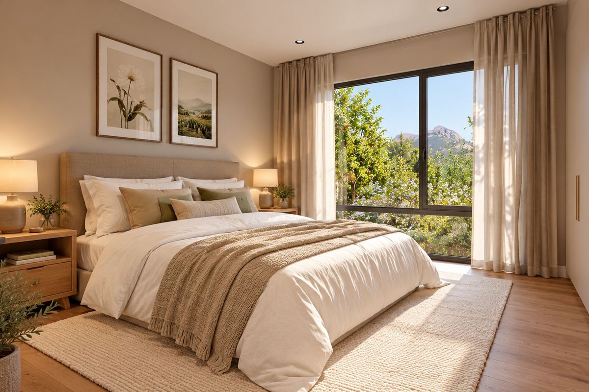 A well-appointed bedroom featuring timber flooring, recessed lighting, a built-in wardrobe, and a large window offering scenic outdoor views.