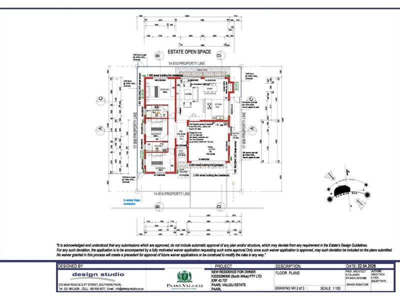 Architectural floor plan for a new residence in Paarlvalleij Estate, detailing the layout of bedrooms, living areas, kitchen, and garage.