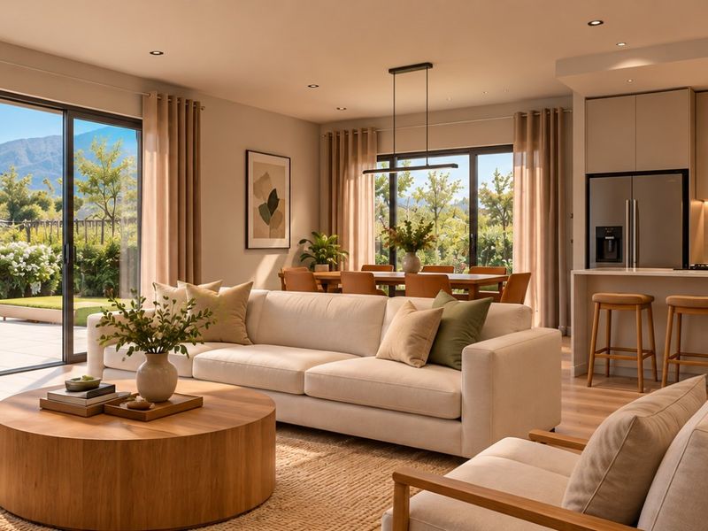 A bright and modern open-plan living, dining, and kitchen area featuring high-end finishes, recessed lighting, and large sliding doors leading to an outdoor patio.