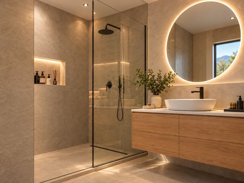 Modern bathroom featuring a walk-in shower with glass screen, floating timber vanity with vessel sink, and a stylish backlit circular mirror.