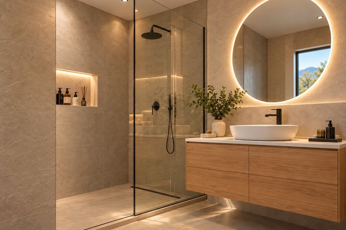 Modern bathroom featuring a walk-in shower with glass screen, floating timber vanity with vessel sink, and a stylish backlit circular mirror.