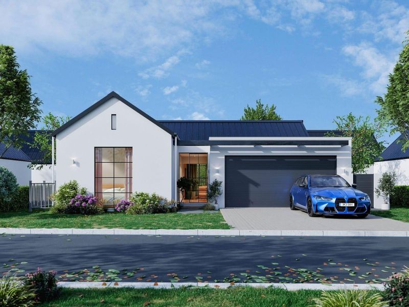 Modern single-story residential home featuring a clean white facade, dark metal roof, paved driveway, and integrated garage.