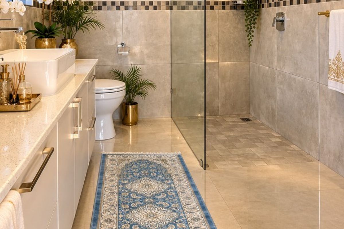 Modern bathroom featuring a spacious walk-in shower with glass screen, rain shower head, sleek vanity with countertop basin, and neutral tiled finishes.