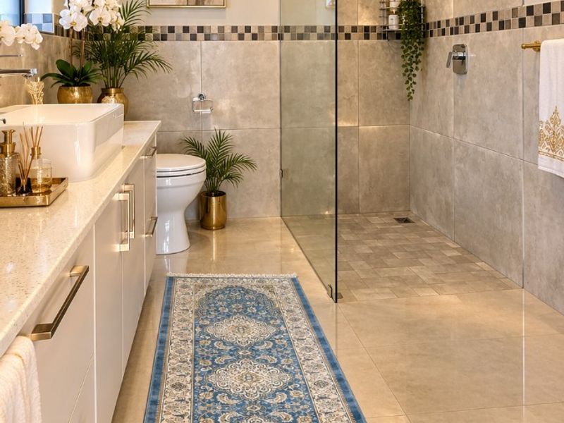 Modern bathroom featuring a spacious walk-in shower with glass screen, rain shower head, sleek vanity with countertop basin, and neutral tiled finishes.