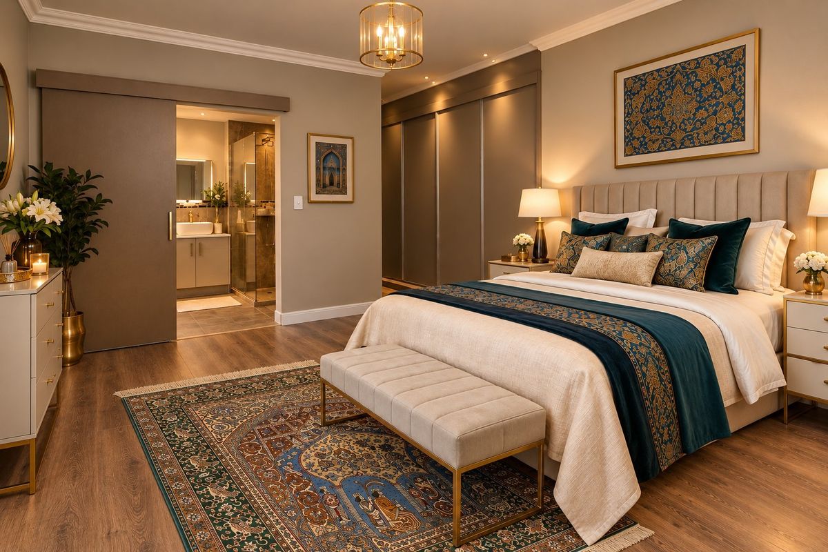 A well-appointed bedroom featuring laminate flooring, built-in wardrobes, and an integrated en-suite bathroom with modern finishes.