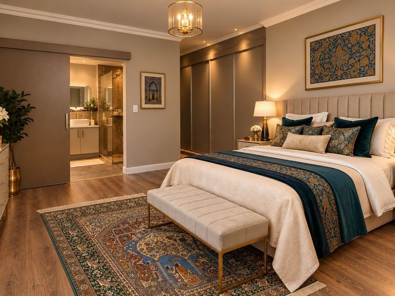 A well-appointed bedroom featuring laminate flooring, built-in wardrobes, and an integrated en-suite bathroom with modern finishes.