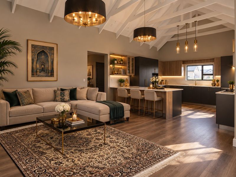 Spacious open-plan living area featuring a modern kitchen with stone island, vaulted ceilings with exposed rafters, and high-quality finishes throughout.