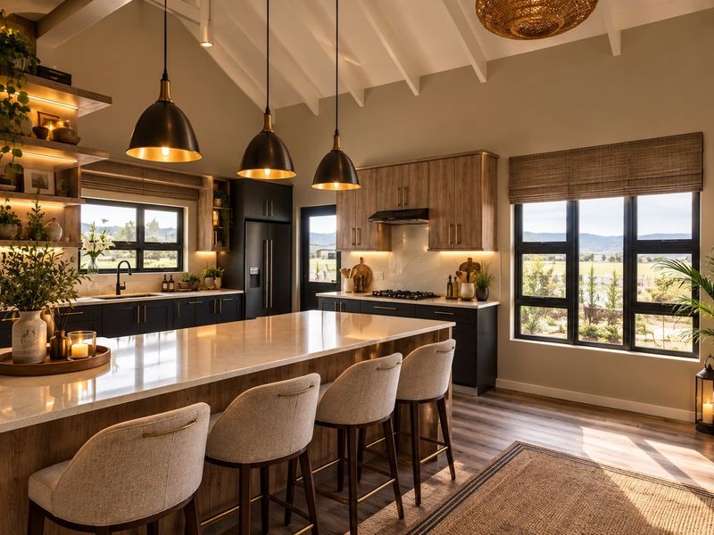 Modern kitchen featuring a large stone-topped island, custom cabinetry, vaulted ceilings with exposed rafters, and high-end integrated appliances with scenic window views.
