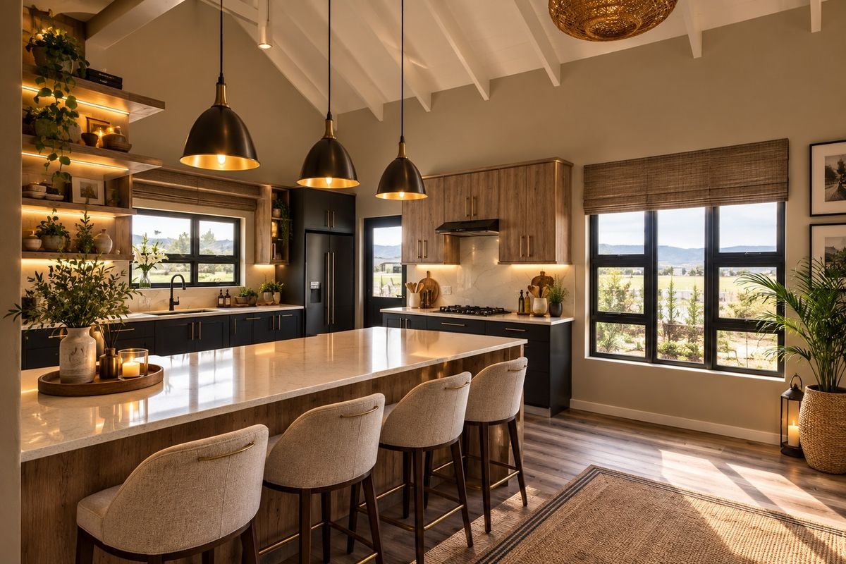Modern kitchen featuring a large stone-topped island, custom cabinetry, vaulted ceilings with exposed rafters, and high-end integrated appliances with scenic window views.