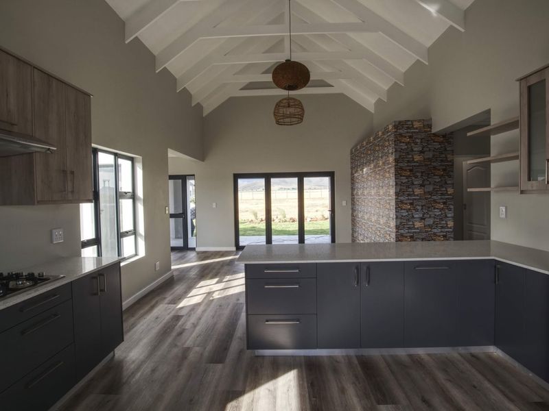 Spacious open-plan kitchen and living area featuring a high vaulted ceiling with exposed trusses, modern cabinetry, a central island, and direct access to the garden.