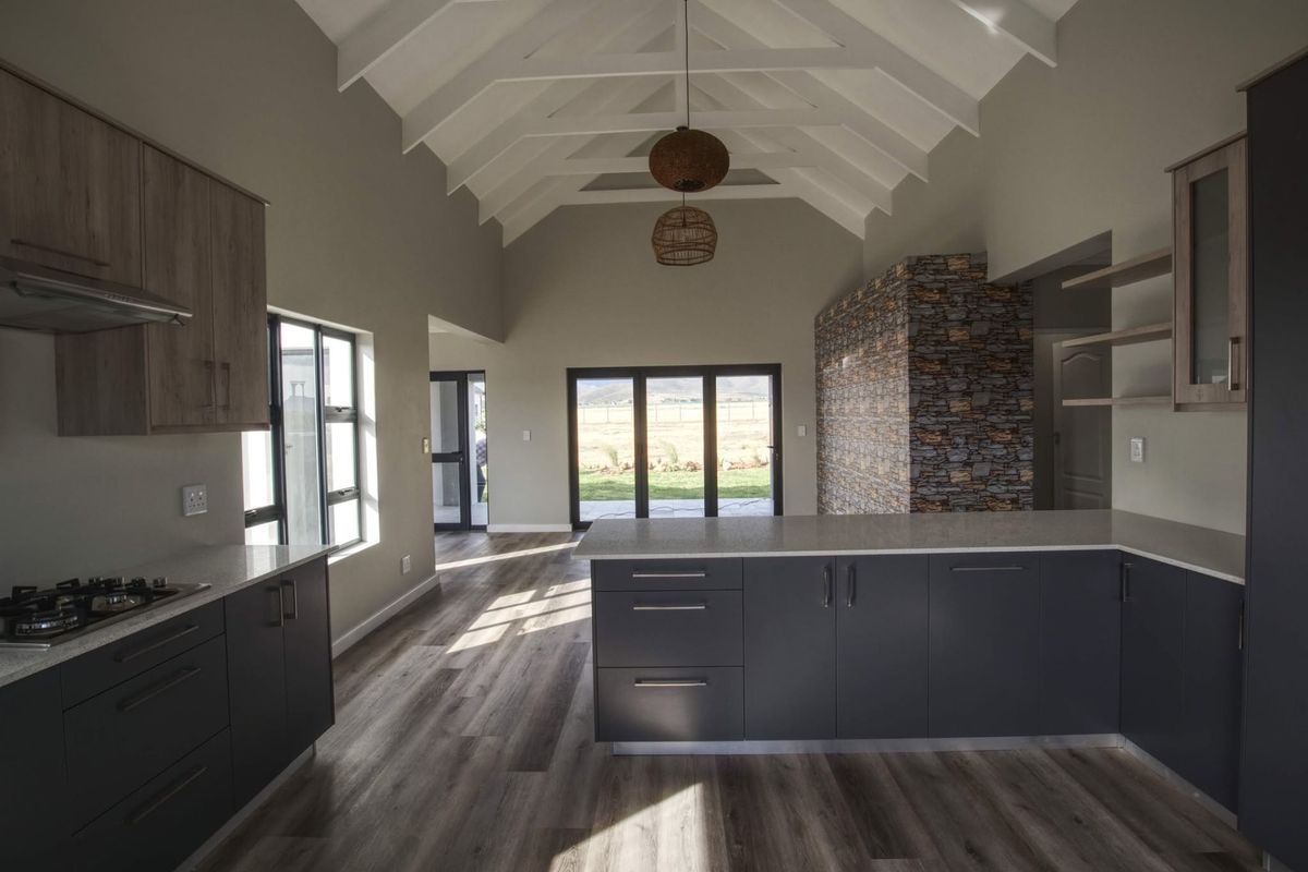 Spacious open-plan kitchen and living area featuring a high vaulted ceiling with exposed trusses, modern cabinetry, a central island, and direct access to the garden.