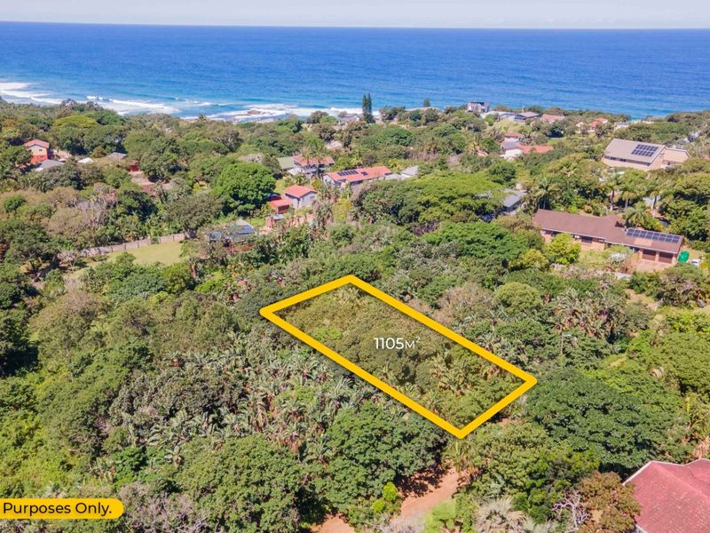 Aerial view of a 1105m² vacant residential plot situated in a lush coastal area with ocean views.