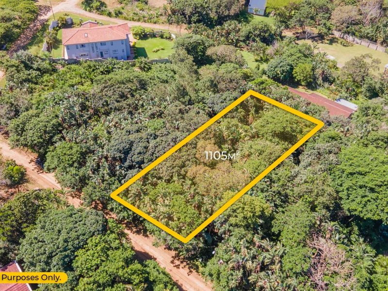 An aerial view of a 1105m2 vacant residential plot surrounded by established trees and vegetation in a quiet neighborhood setting.