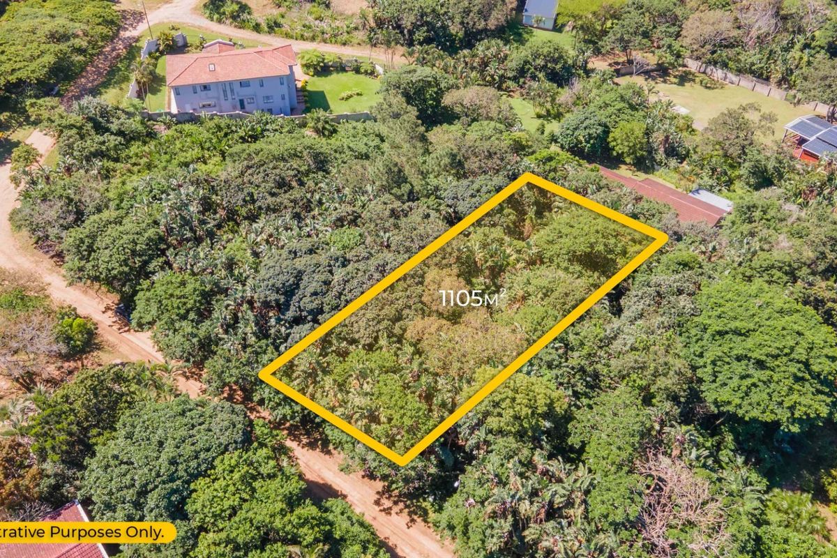 An aerial view of a 1105m2 vacant residential plot surrounded by established trees and vegetation in a quiet neighborhood setting.
