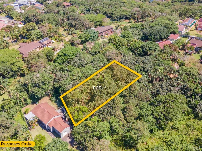 An aerial view of a 1105m² vacant residential plot surrounded by dense established vegetation in a coastal neighborhood.