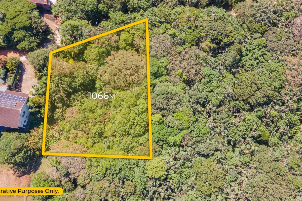 Aerial view of a 1066m² vacant residential plot featuring dense natural vegetation and established trees.