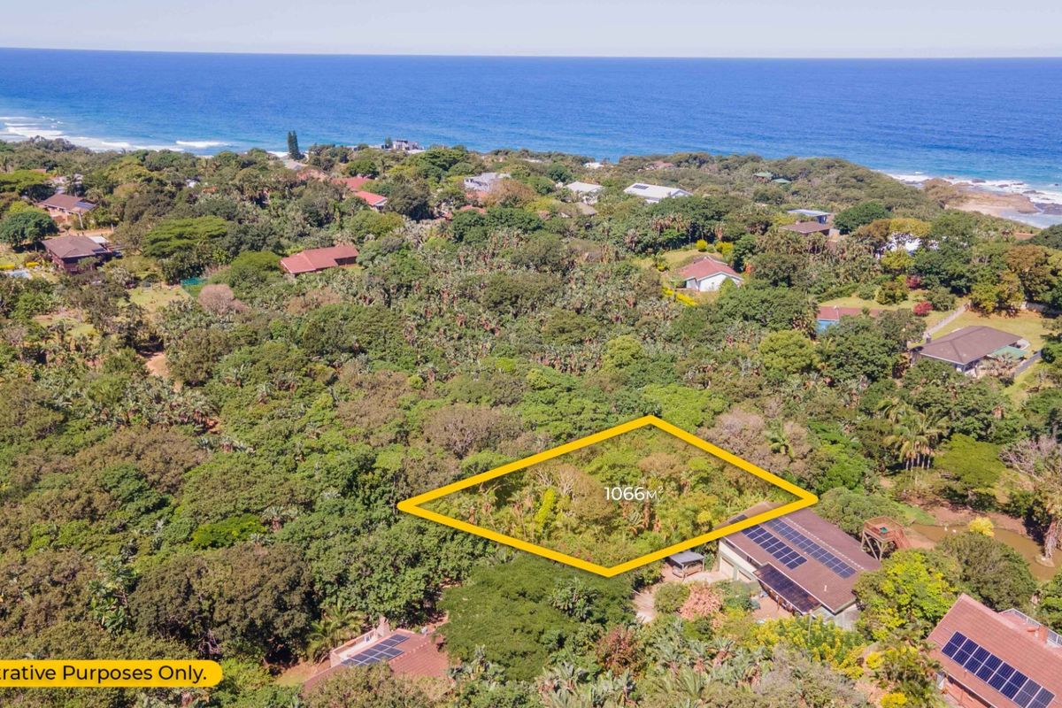 Aerial view of a residential vacant land plot measuring 1066 square meters, situated in a lush coastal area near the ocean.