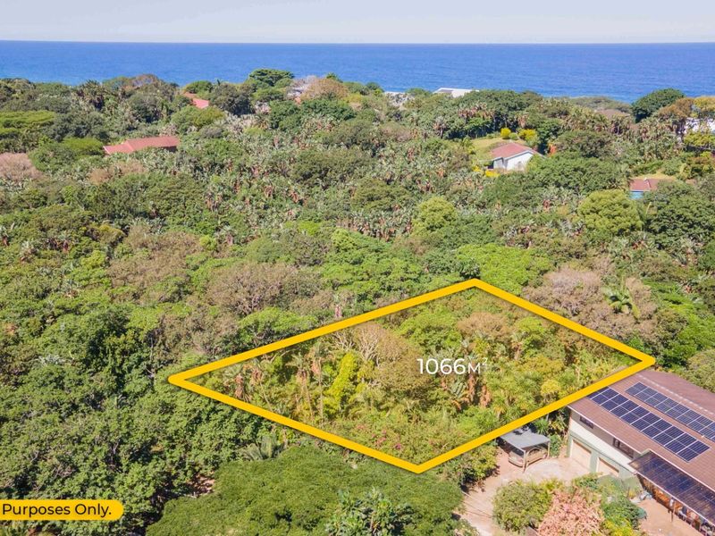 An aerial view of a 1066m2 vacant residential plot surrounded by lush coastal vegetation with ocean views in the background.