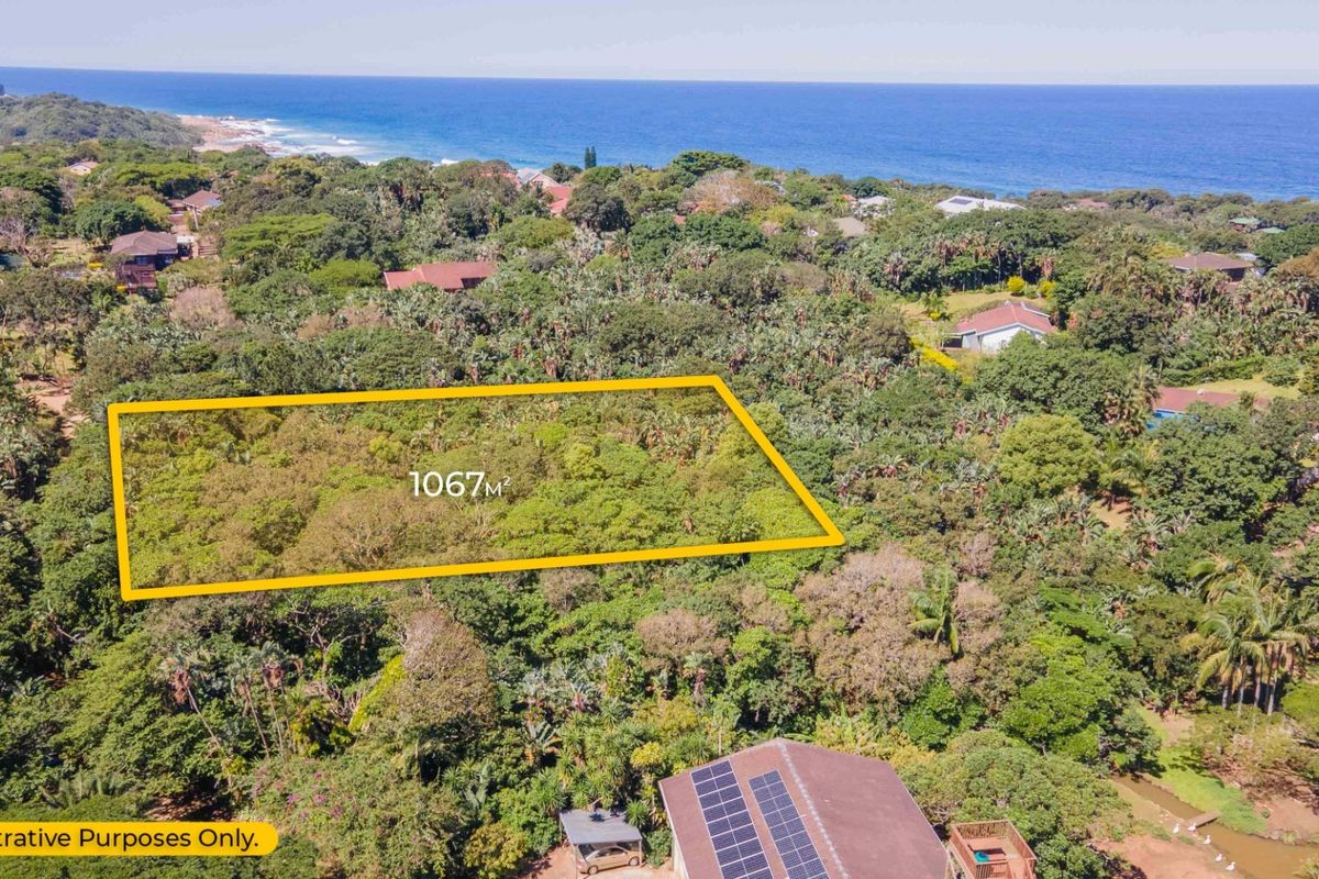 Aerial view of a 1067m² vacant residential plot situated in a lush coastal area with ocean views.