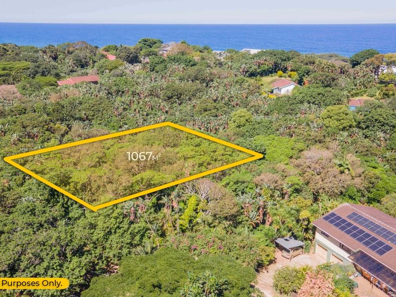 Aerial view of a 1067m2 vacant residential plot surrounded by lush coastal vegetation with ocean views in the background.