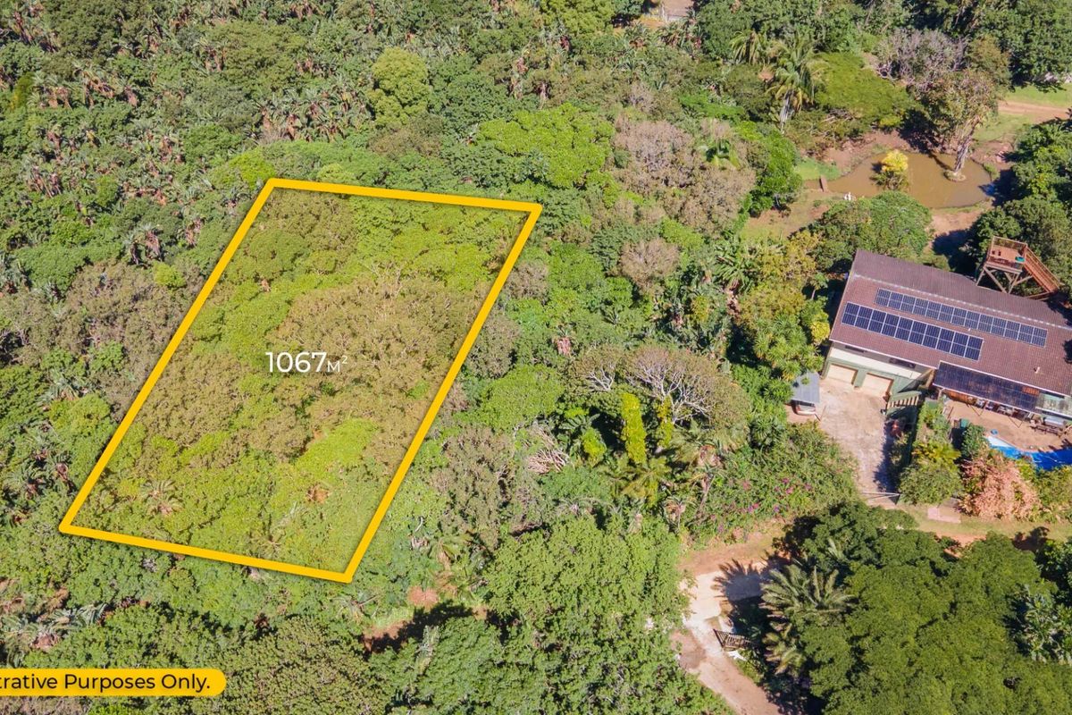 Aerial view of a 1067 square meter vacant residential plot surrounded by dense vegetation and established trees.