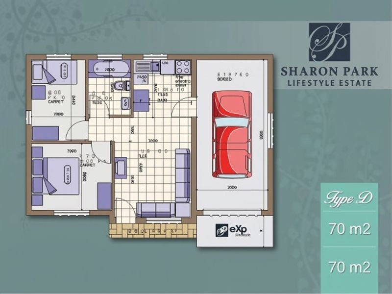 A detailed architectural floor plan for a 70 square meter Type D residential unit at Sharon Park Lifestyle Estate.