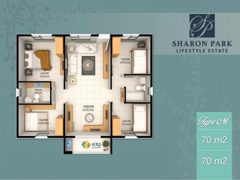 A detailed floor plan for a 70 square meter Type M residential unit at Sharon Park Lifestyle Estate.