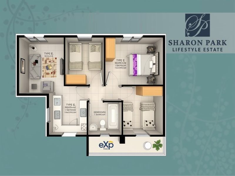 A detailed architectural floor plan for a Type E unit at Sharon Park Lifestyle Estate, showcasing the layout of bedrooms, bathroom, and living area.