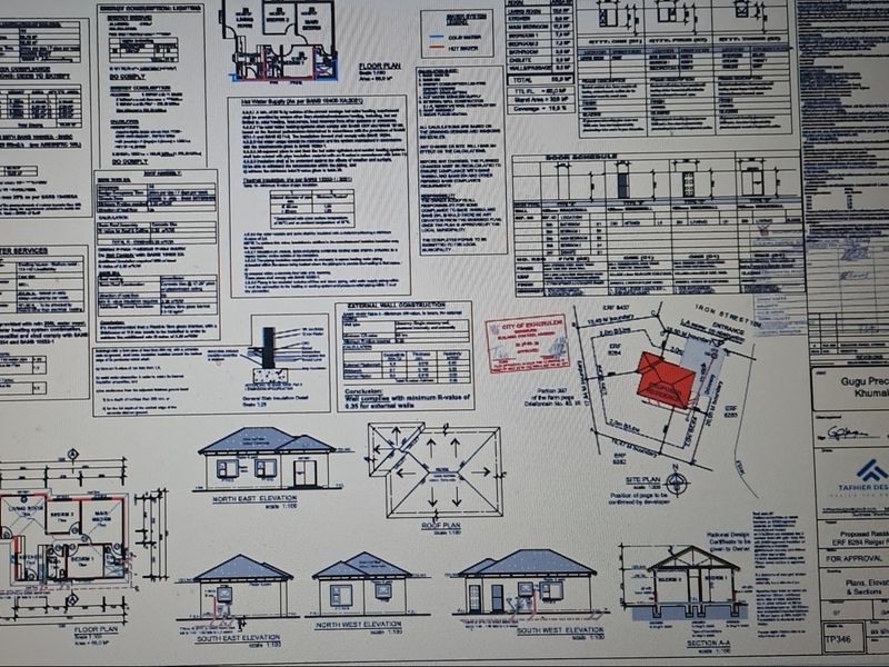 A detailed architectural floor plan and site layout document for a proposed residential property, including elevations and technical specifications.