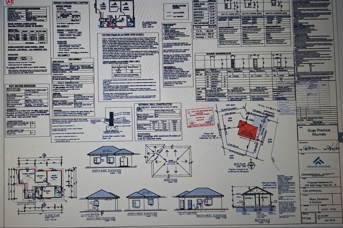 A detailed architectural floor plan and site layout document for a proposed residential property, including elevations and technical specifications.