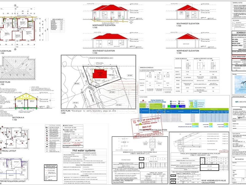 Architectural floor plan and elevation drawings for a residential property, including site plan, roof plan, and technical specifications.