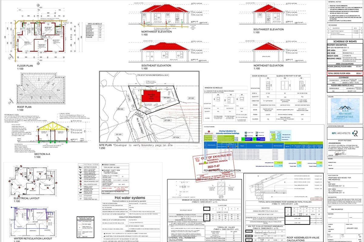 Architectural floor plan and elevation drawings for a residential property, including site plan, roof plan, and technical specifications.