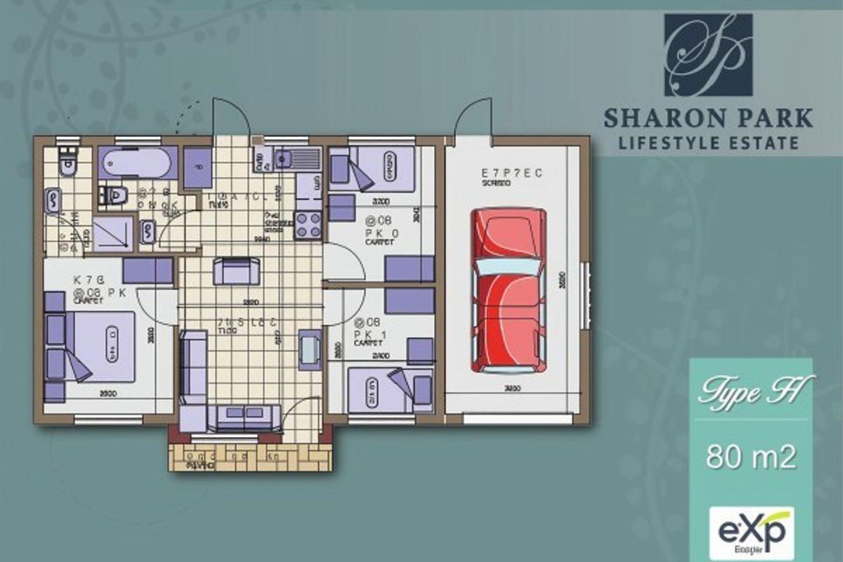 A detailed architectural floor plan for an 80 square meter Type H residential unit at Sharon Park Lifestyle Estate.