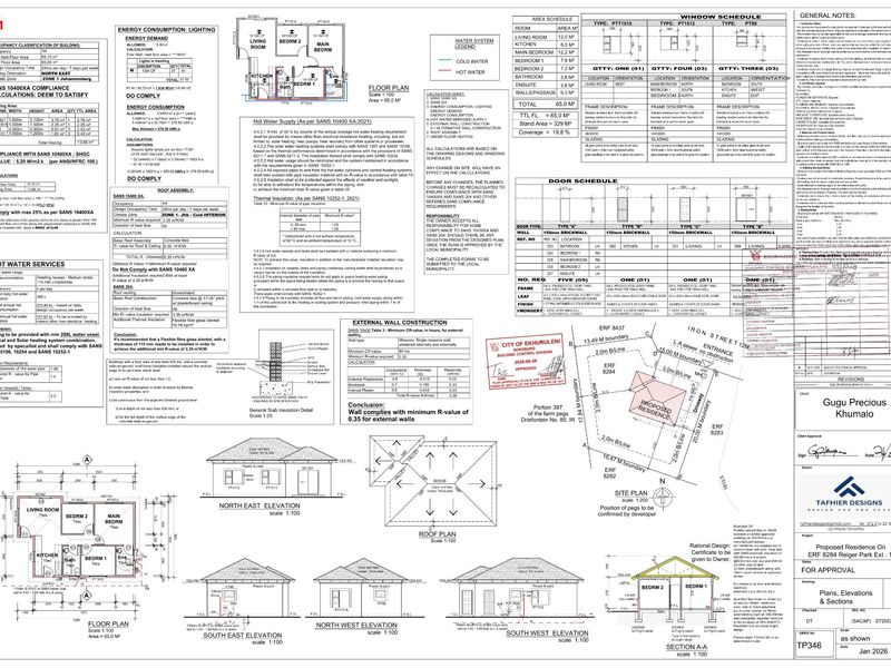 Architectural floor plan and elevation drawings for a proposed residential property, including site plan, window and door schedules, and energy compliance notes.