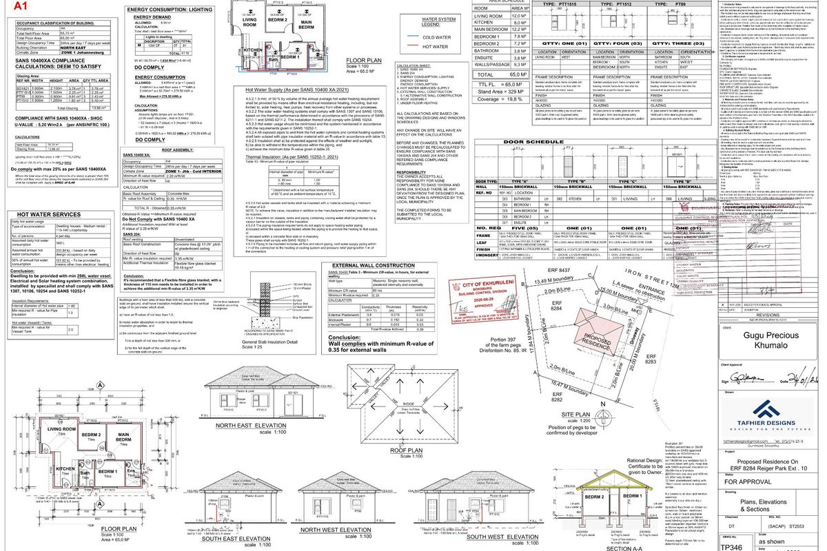 Architectural floor plan and elevation drawings for a proposed residential property, including site plan, window and door schedules, and energy compliance notes.